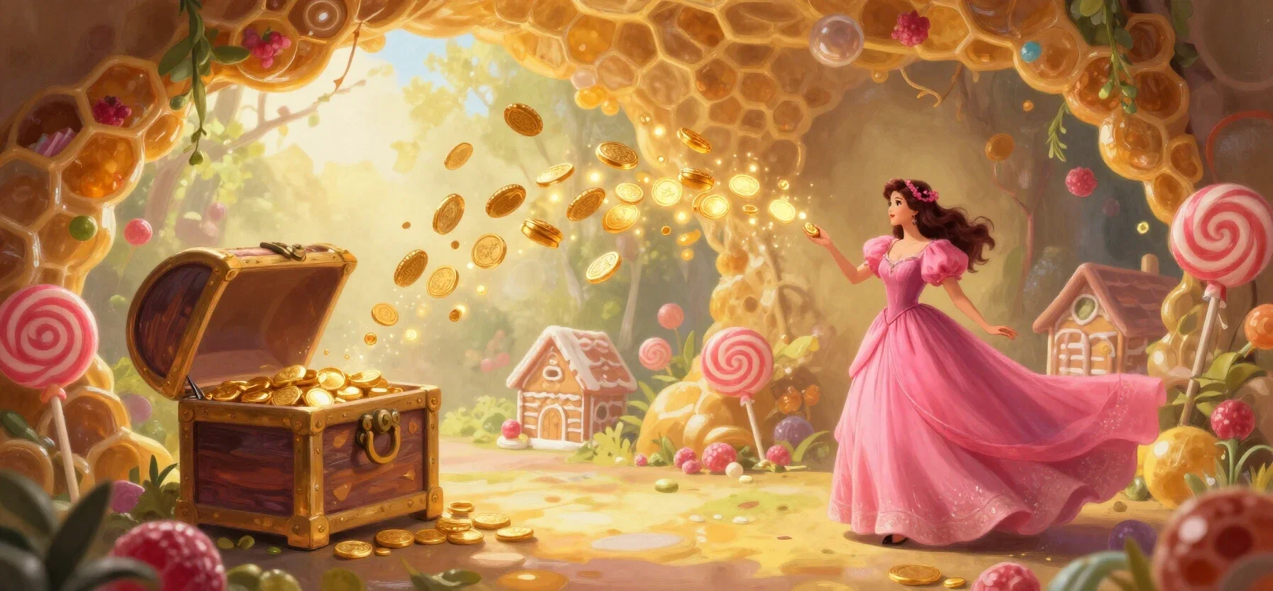 Gold River Star Casino free spins shown as glowing gold tokens beside a small treasure chest